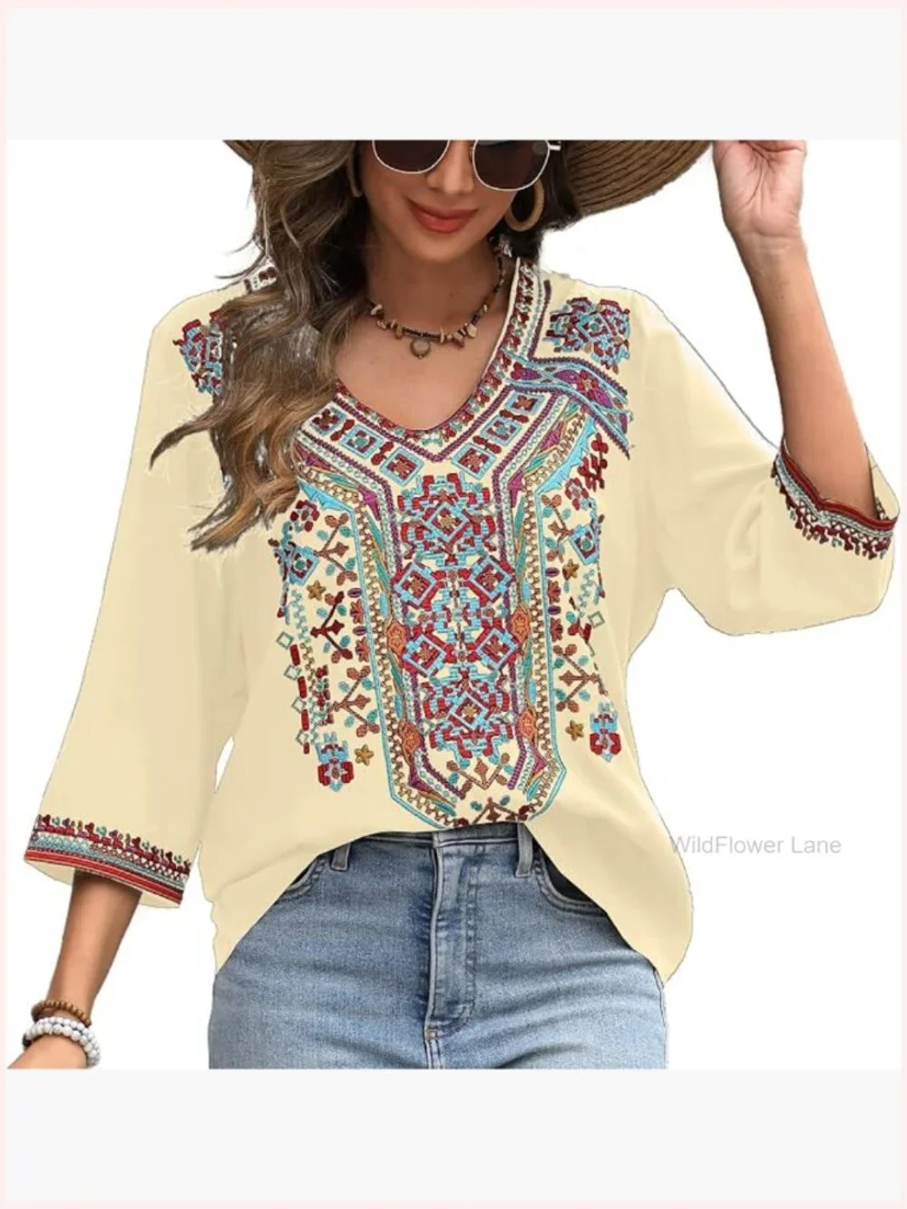 Boho Embroidered V-Neck Tunic Blouse Peasant Hippie Top - Picture 1 of 6